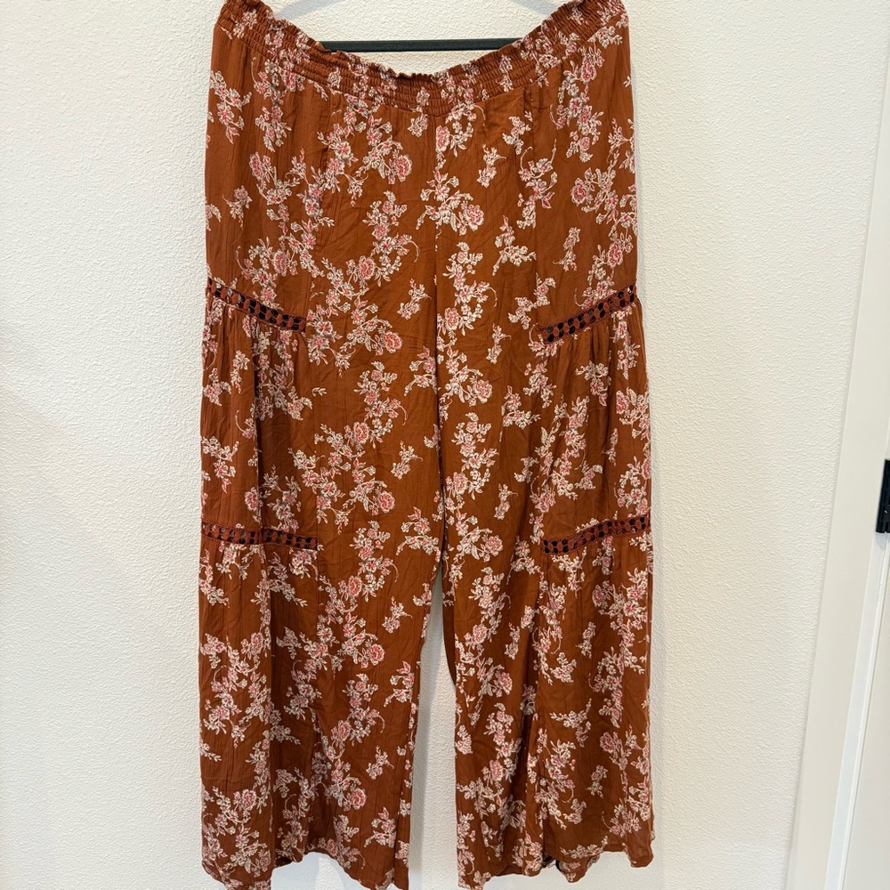 Angie Brown Floral Crochet Inset Wide Leg Pant Boho Hippie Indie Festival Ovrsz